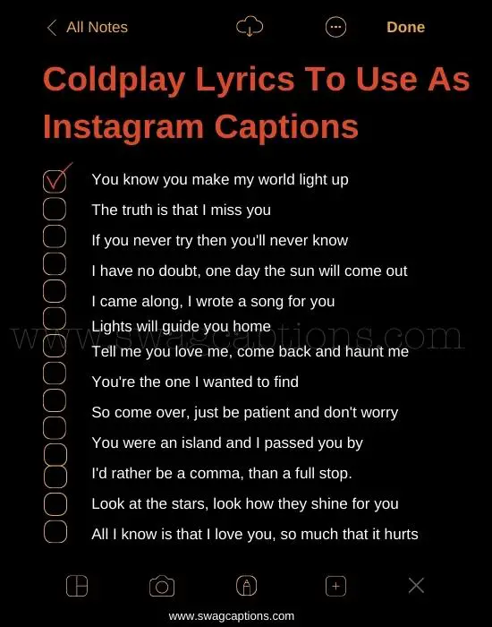 Coldplay Lyrics for Instagram Captions
